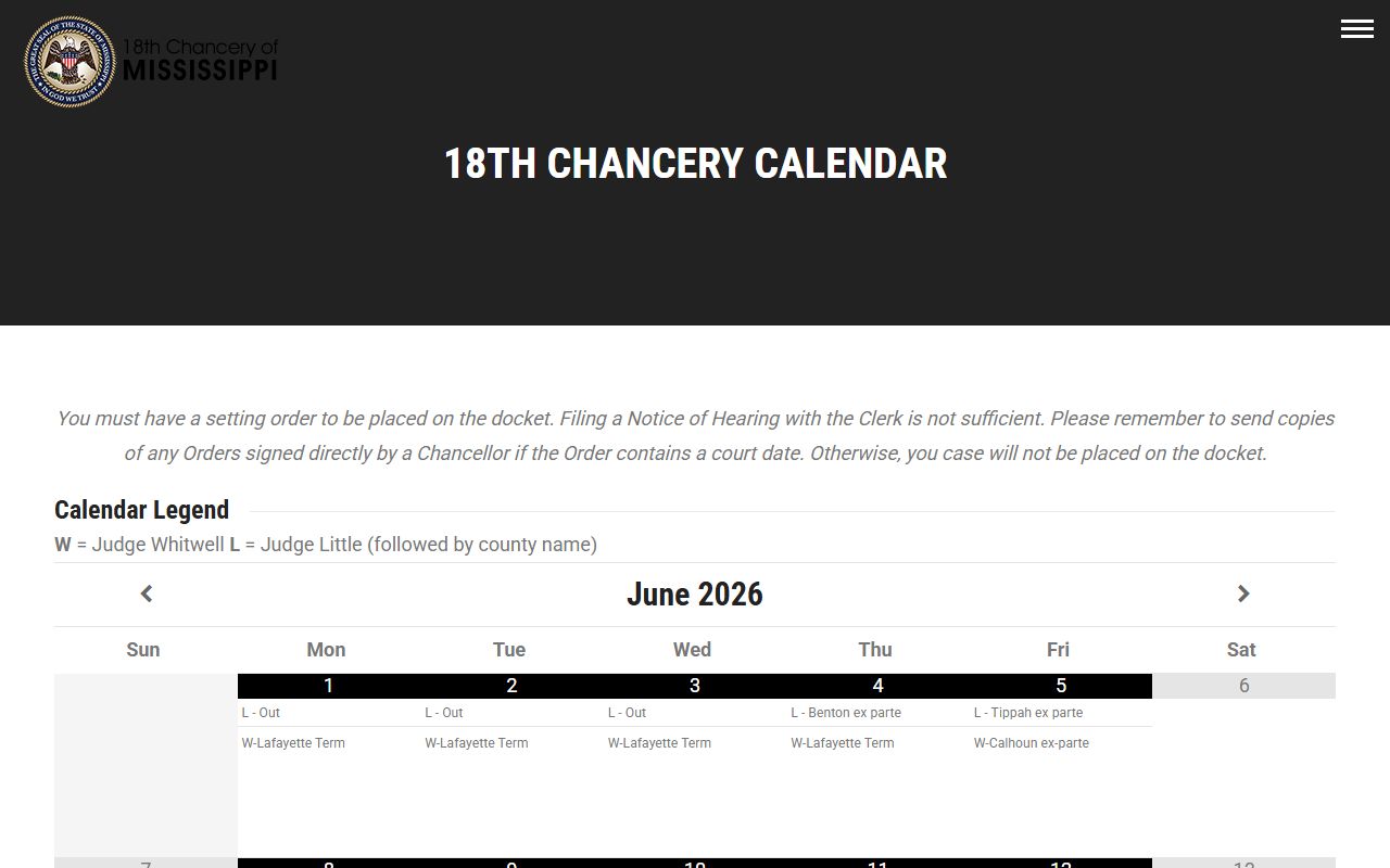 Tippah County Chancery Court docket calendar for the 18th Chancery District
