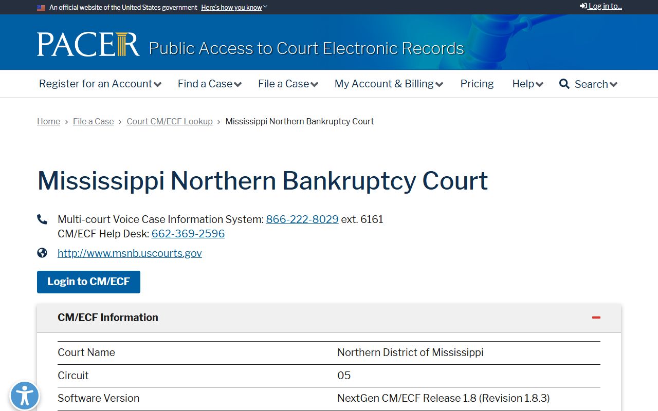 Tippah County federal bankruptcy docket lookup on the PACER court directory
