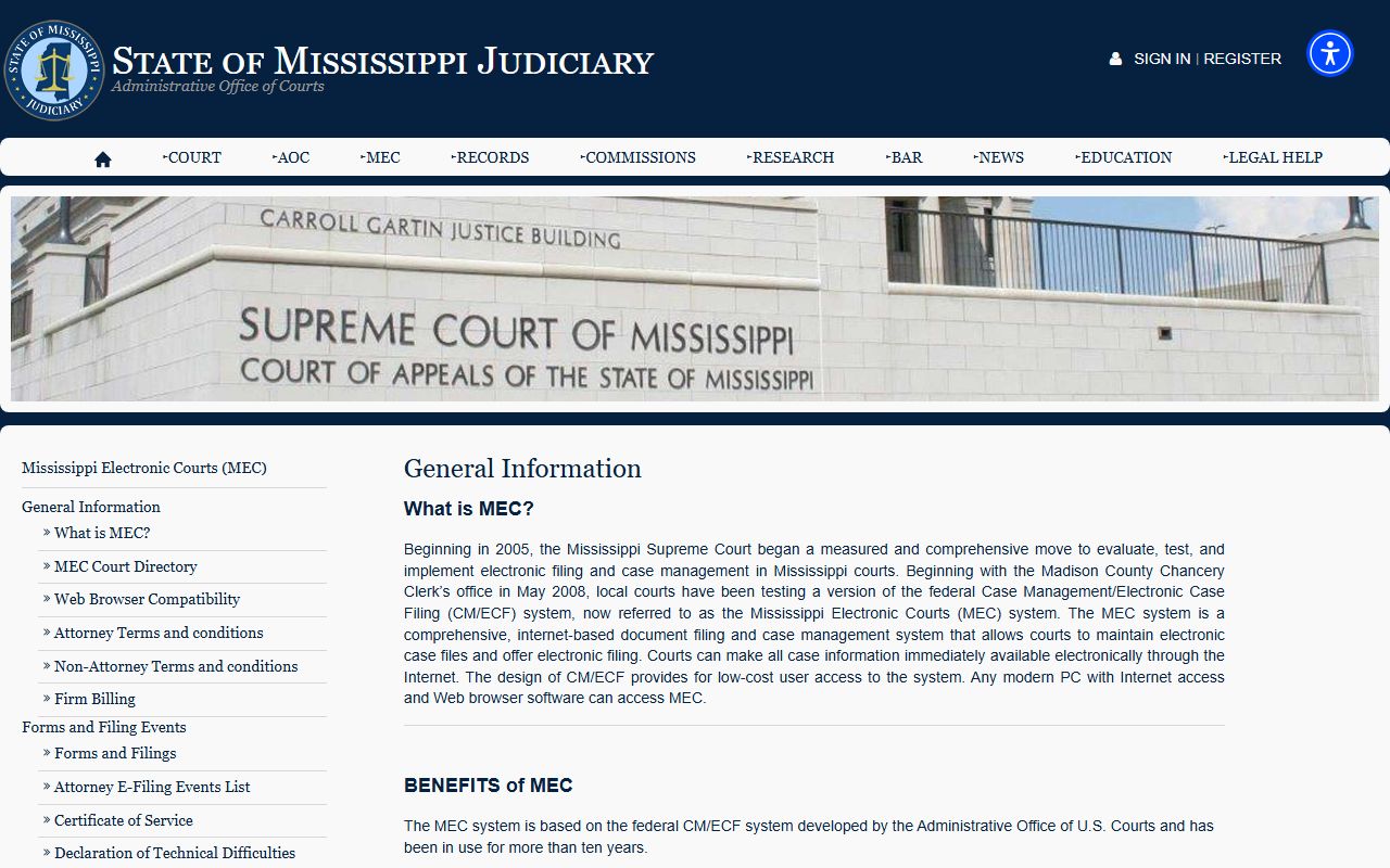 MEC general information page covering Tippah County court records e-filing