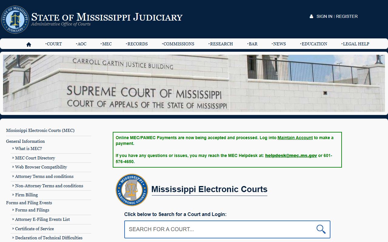 Mississippi Electronic Courts page for Tippah County court records