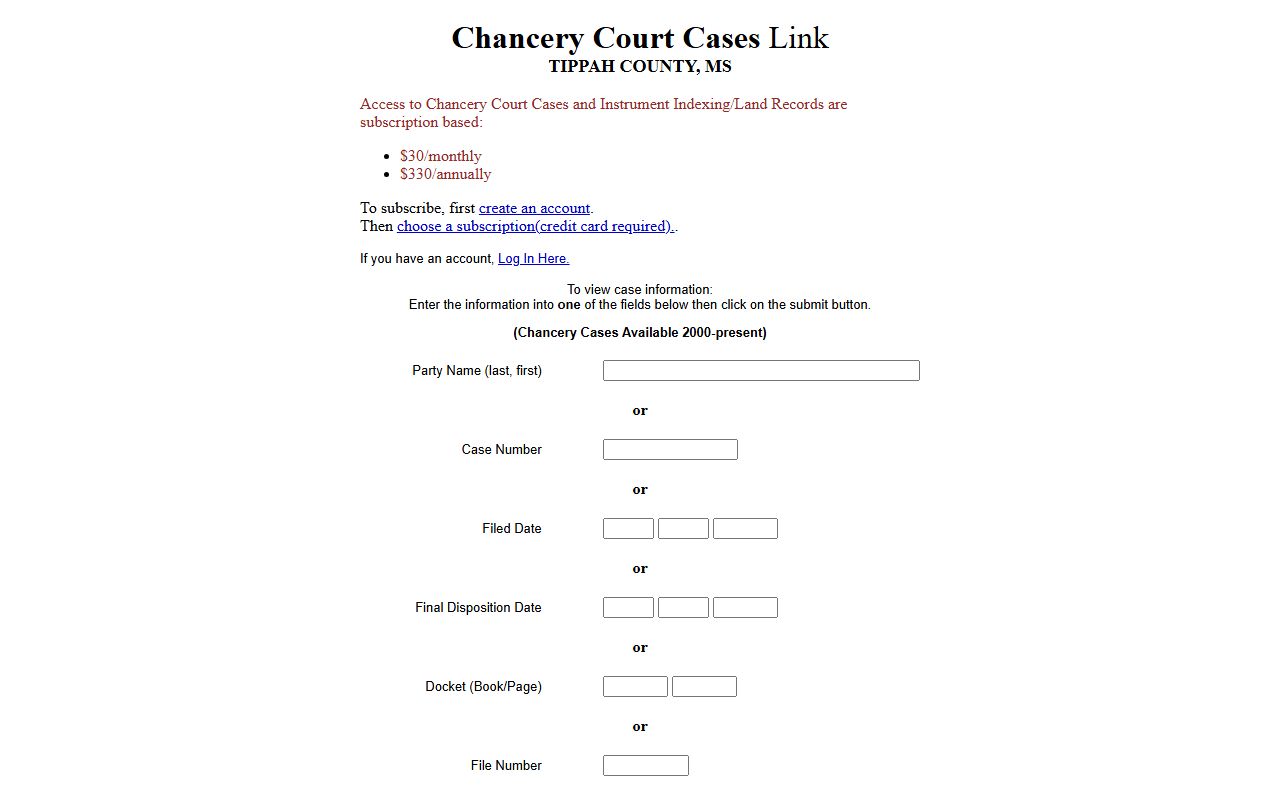 Tippah County Chancery Court records case search page