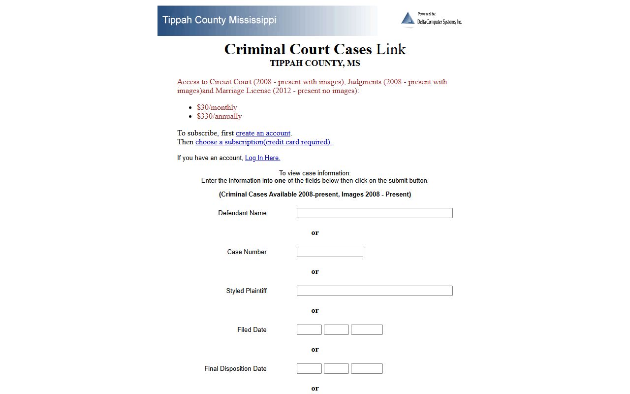 Tippah County Circuit criminal court records search fields
