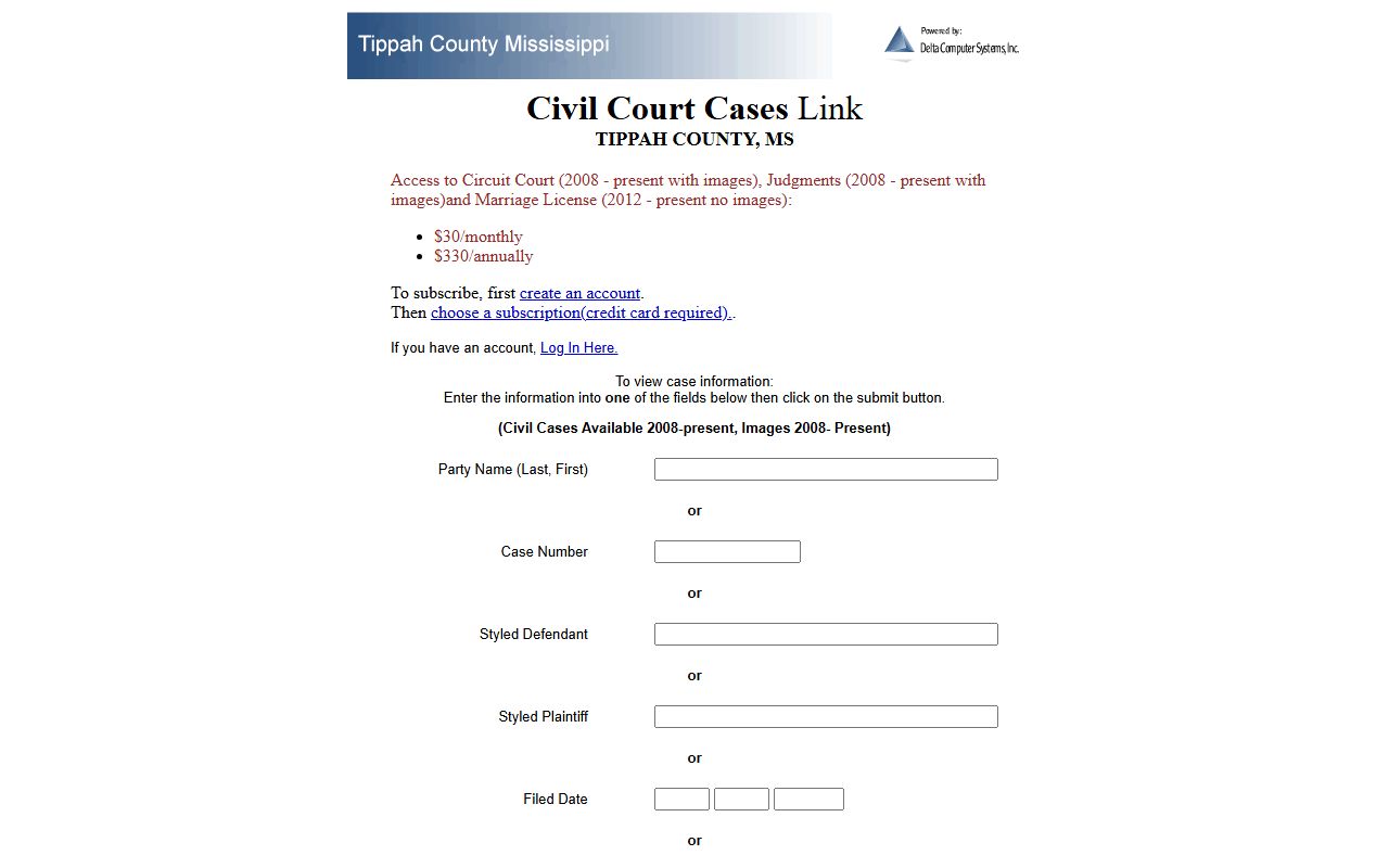 Tippah County Circuit civil court records search page