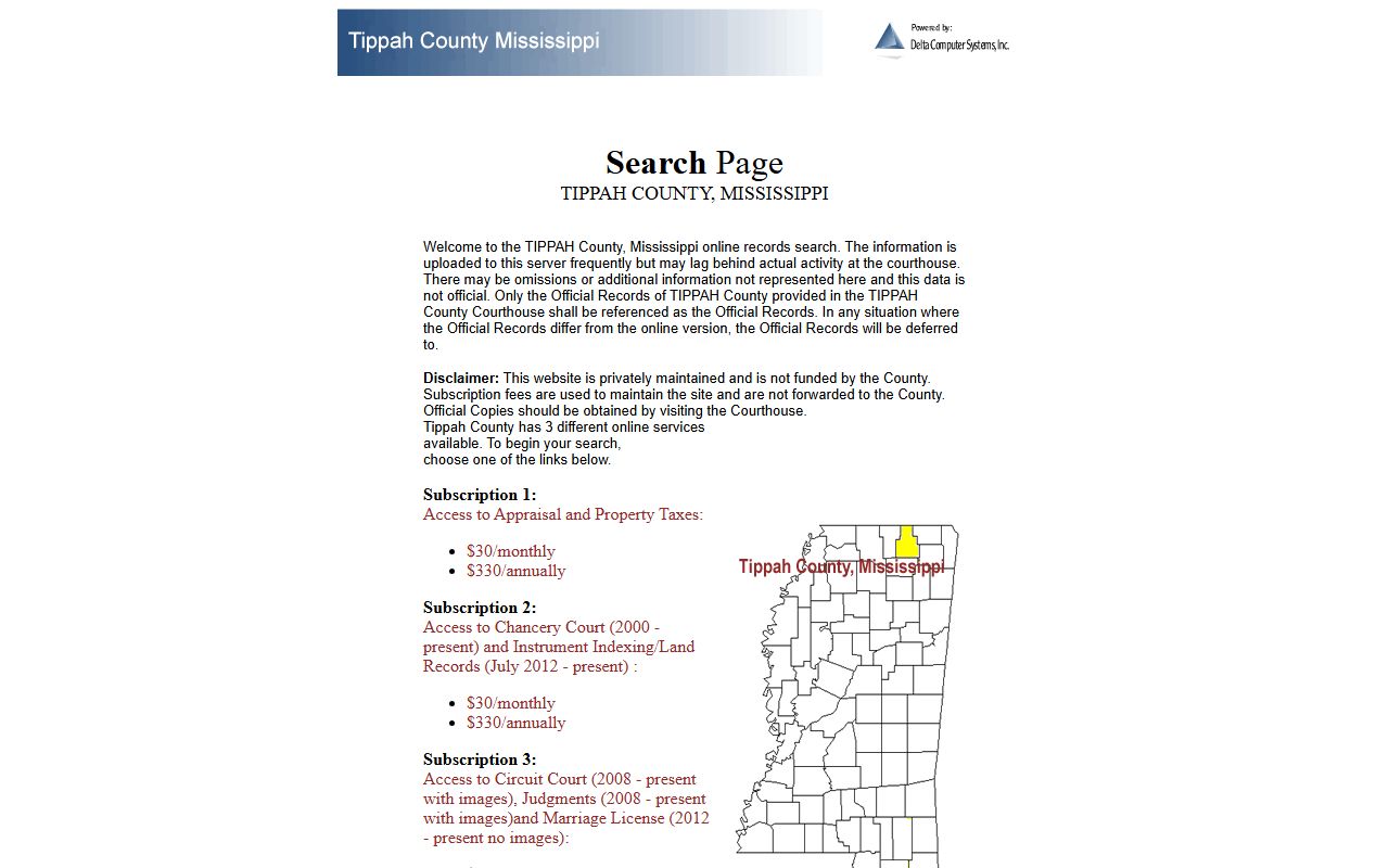 Tippah County court records online search portal landing page
