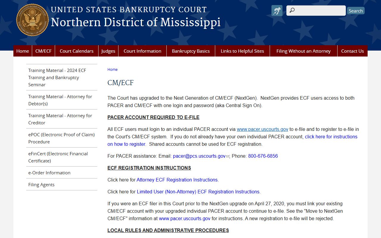Tippah County federal bankruptcy court CM/ECF system for the Northern District of Mississippi