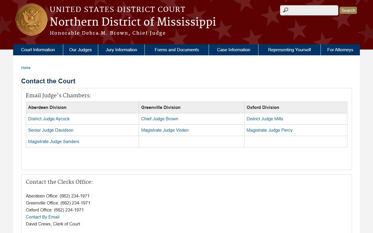 Tippah County federal court clerk contact page for the Northern District of Mississippi