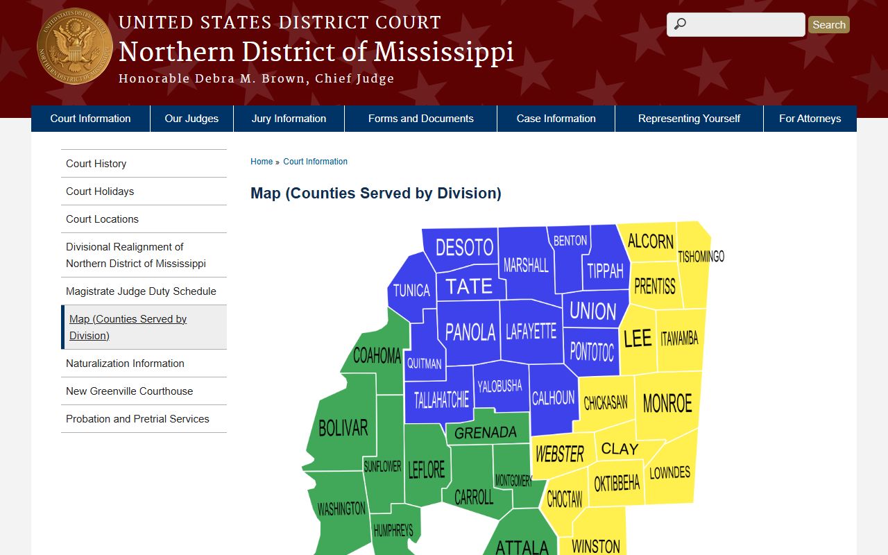 Tippah County coverage on the Northern District of Mississippi federal court map