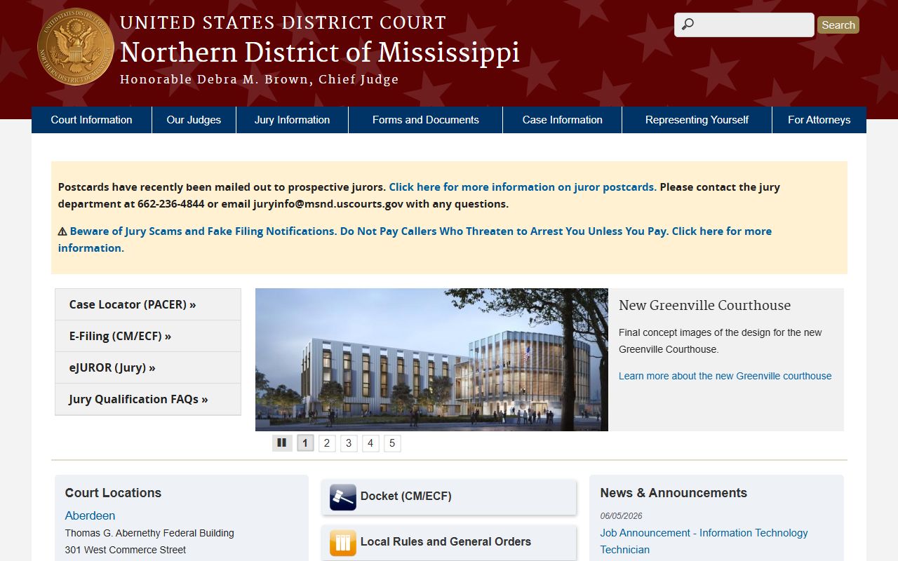 Tippah County federal court records on the Northern District of Mississippi homepage