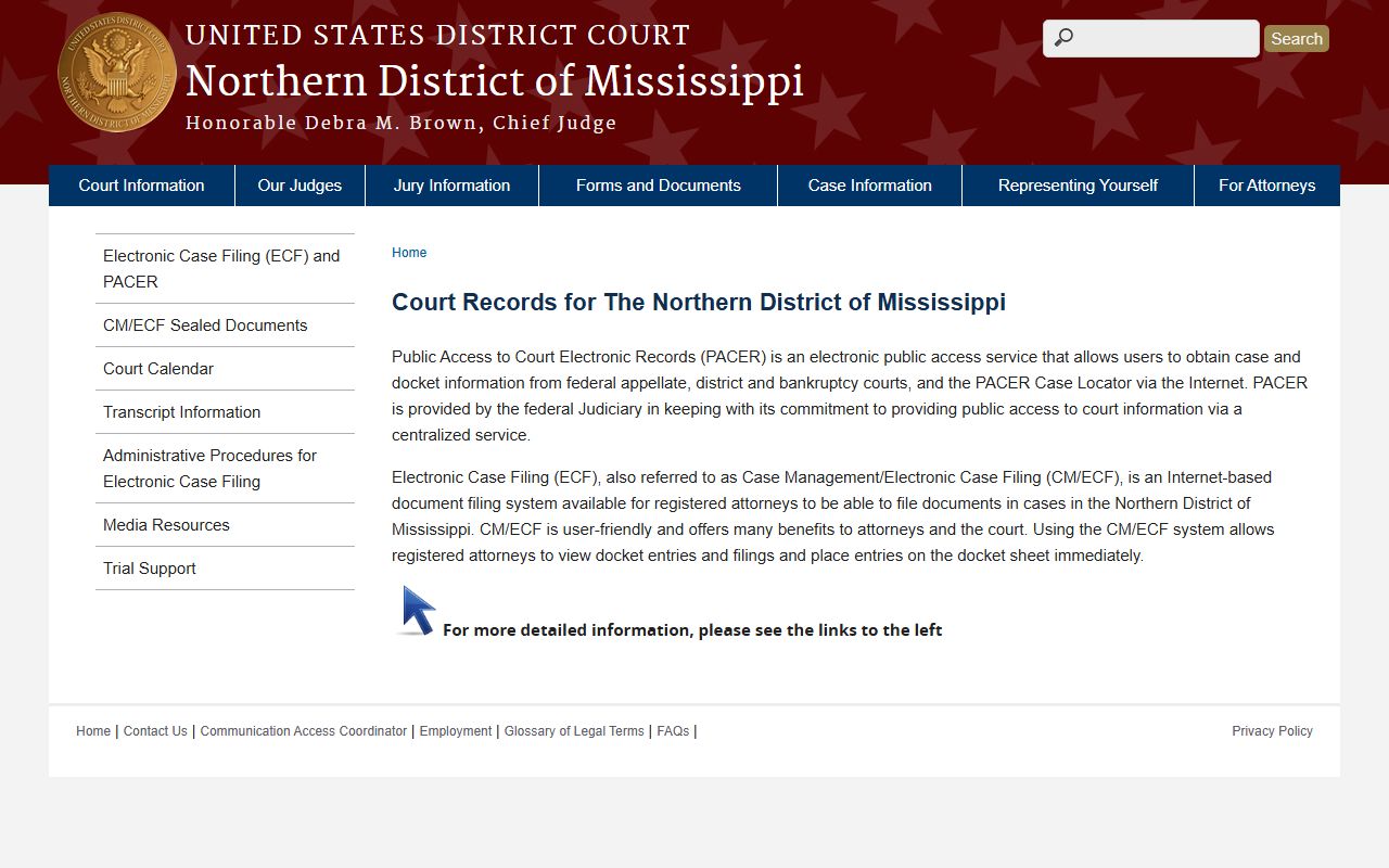 Tippah County federal court case information page for the Northern District of Mississippi