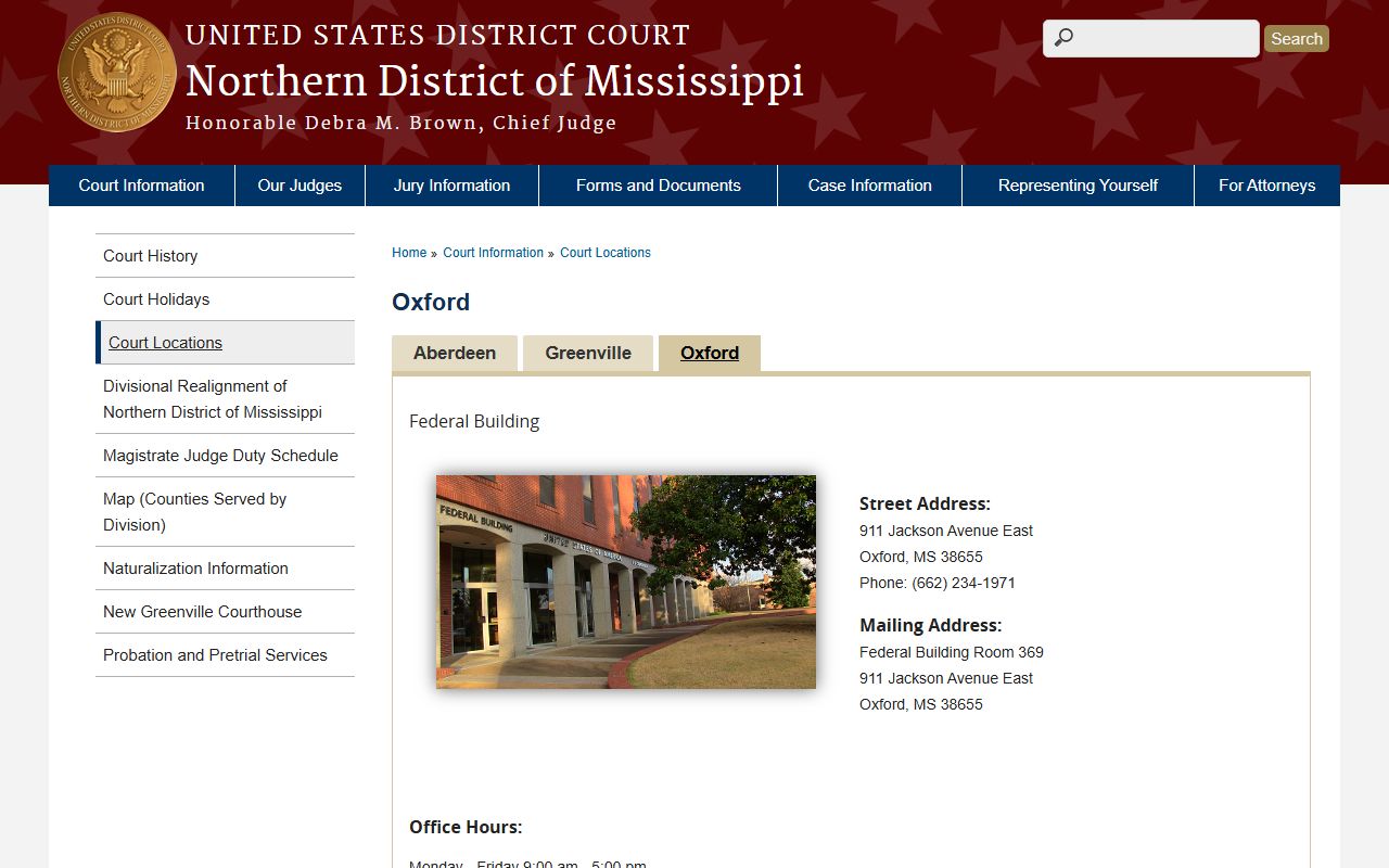 Tippah County nearest federal courthouse, the Oxford location for the Northern District of Mississippi