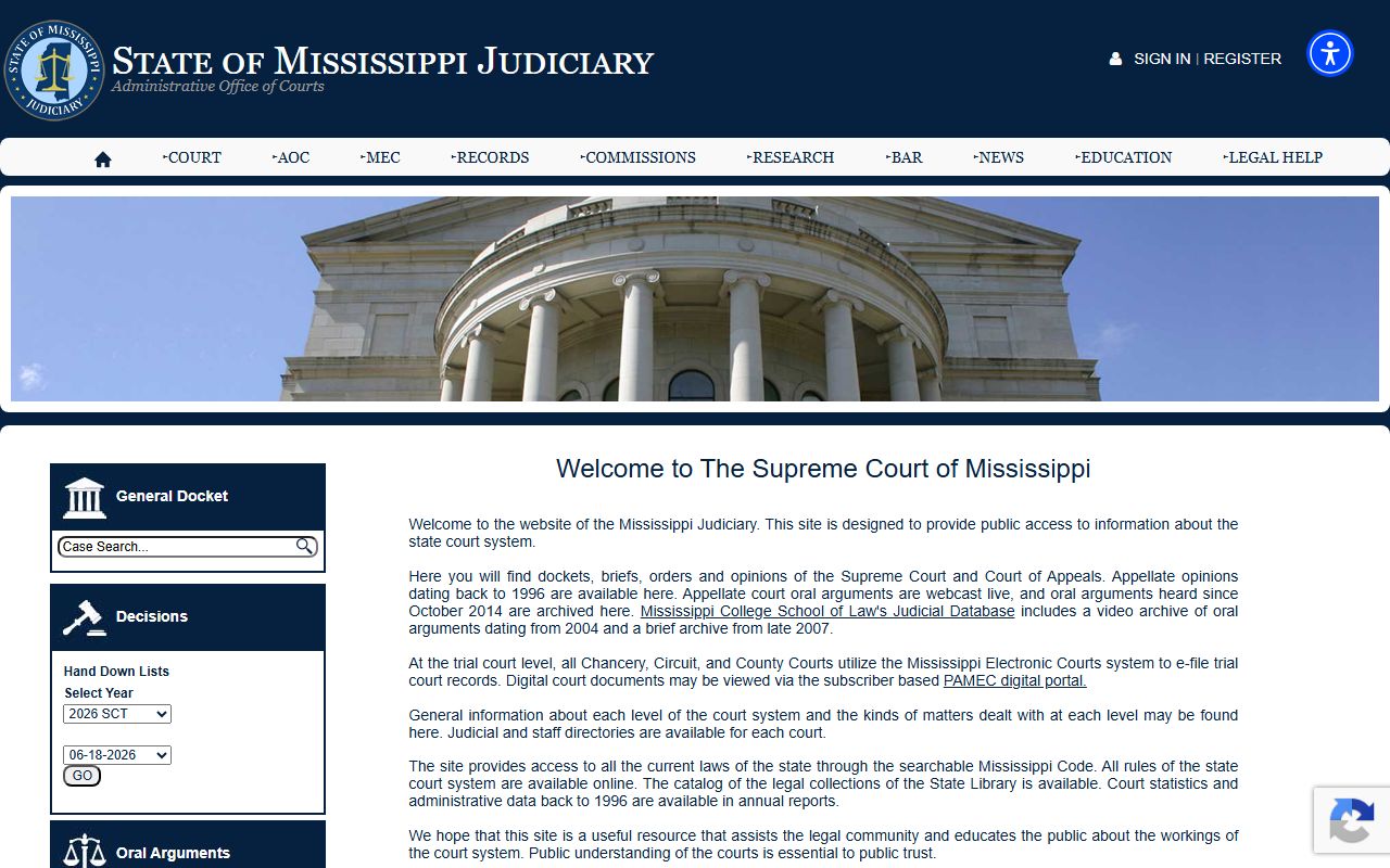 Mississippi Judiciary homepage explaining the Tippah County court hierarchy