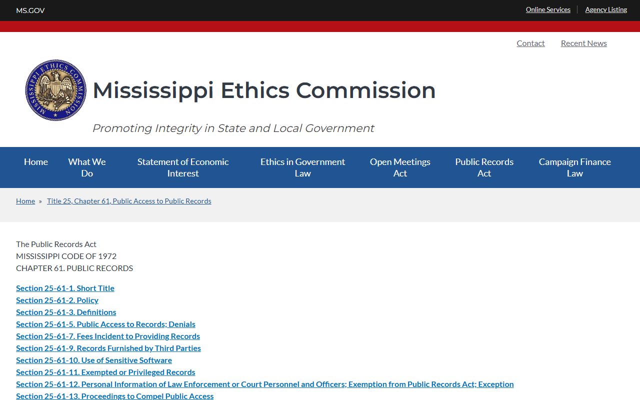 Mississippi Public Records Act page covering Tippah County court records access