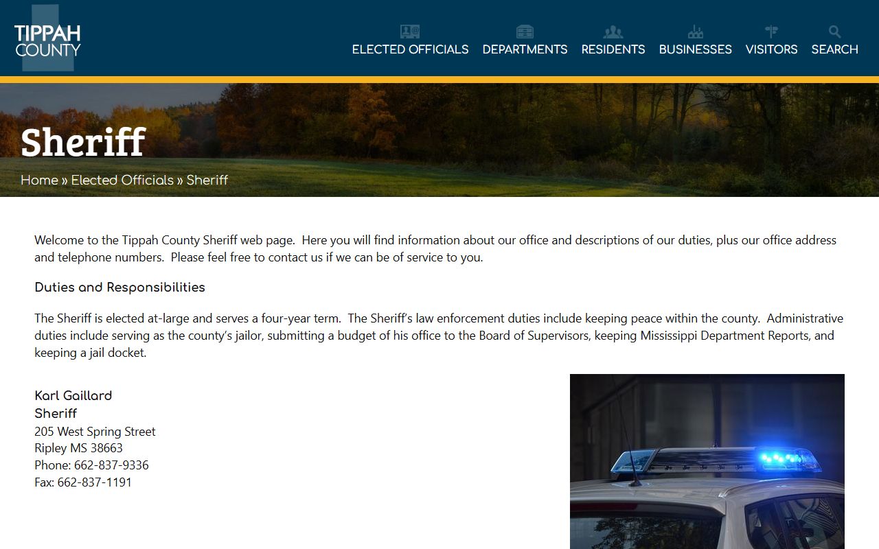 Tippah County Sheriff page used for jail and arrest record questions