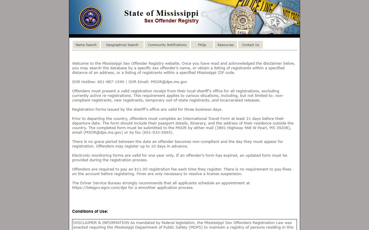 Tippah County area lookups on the Mississippi DPS sex offender registry