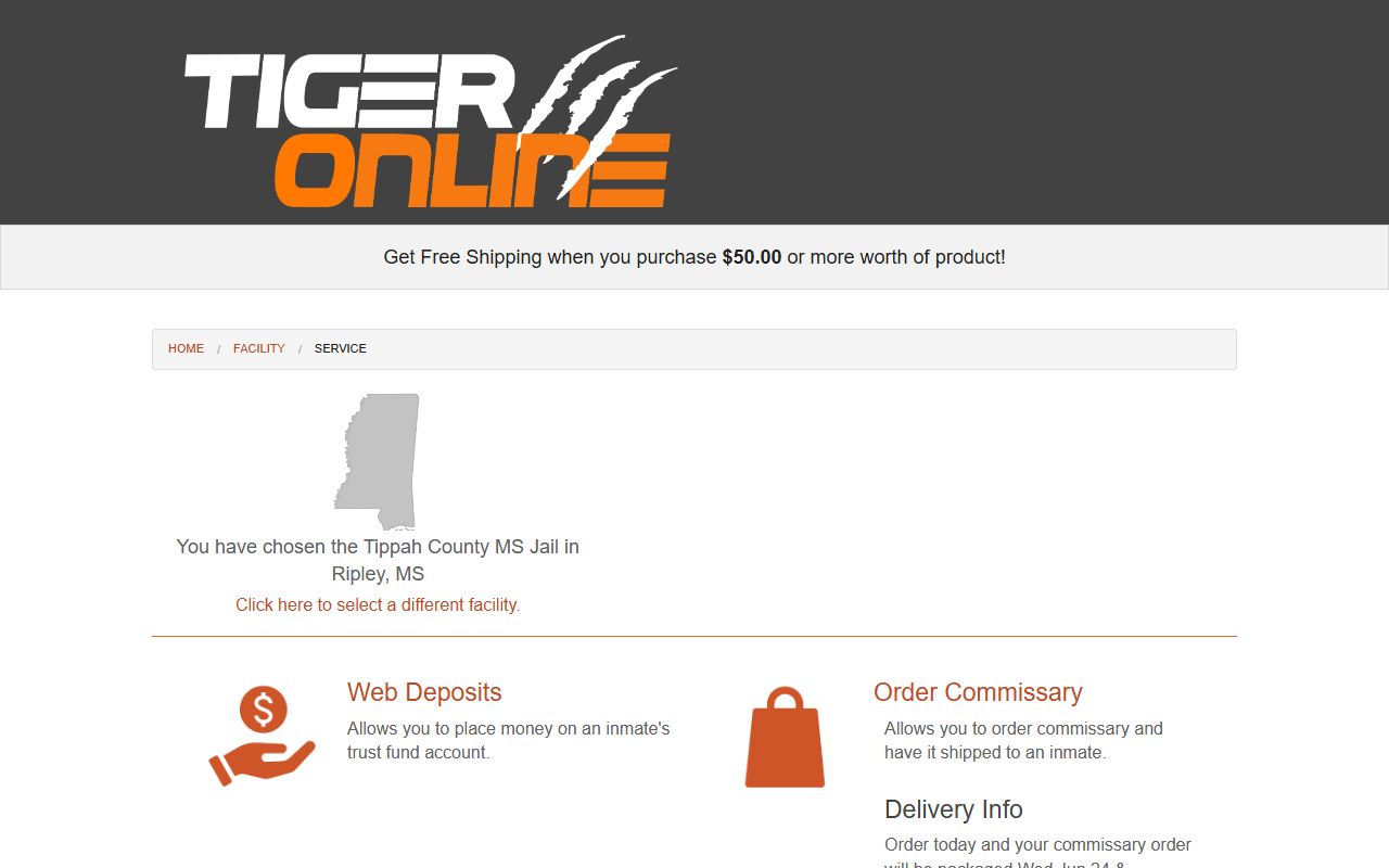 Tippah County jail inmate deposit and commissary options on the Tiger Commissary page