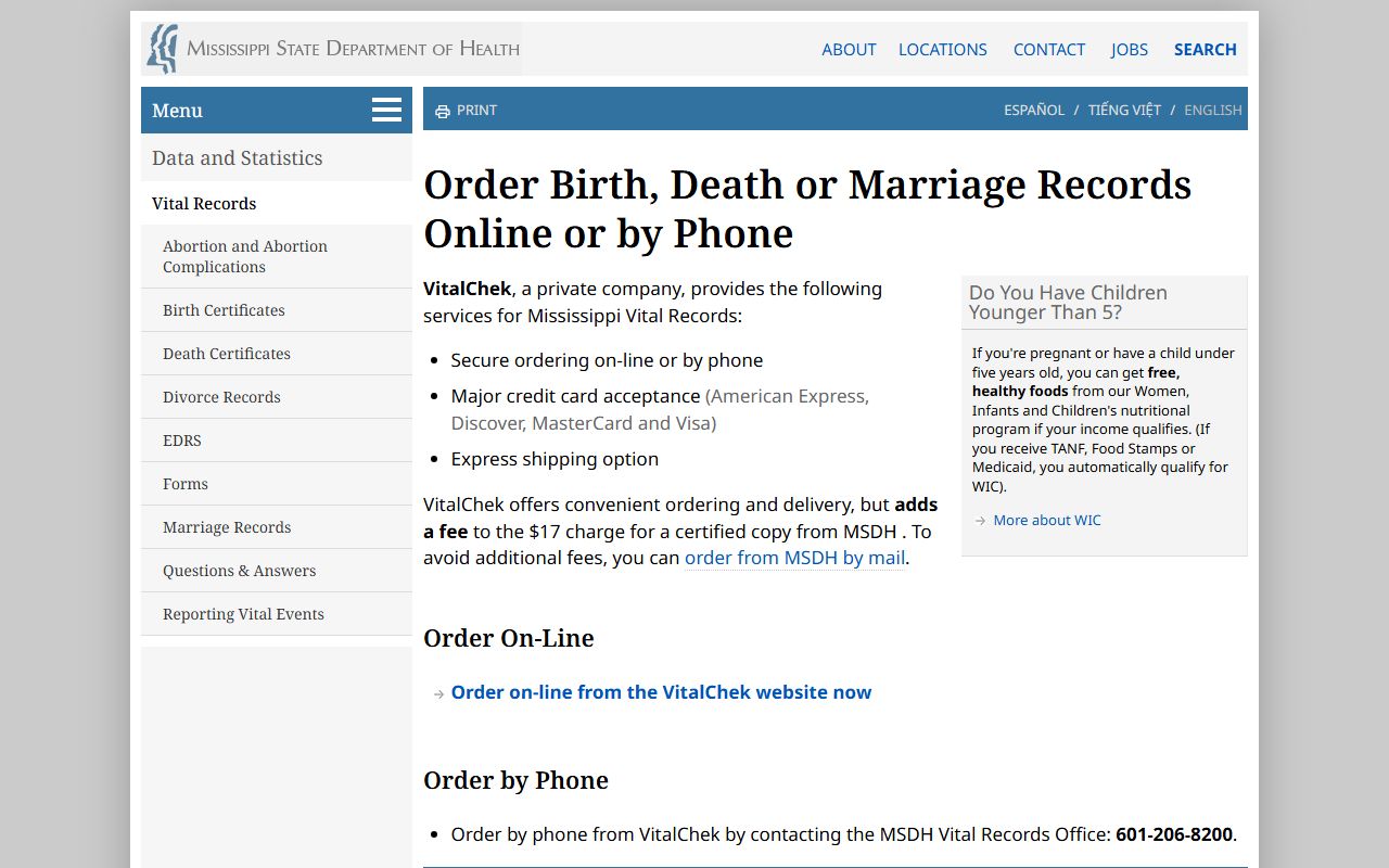 Tippah County marriage records certified copy ordering through MSDH