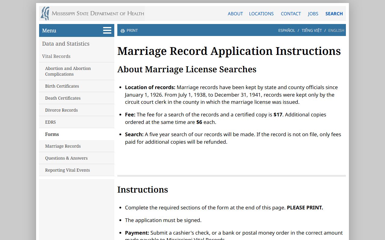 Tippah County marriage records application instructions from MSDH