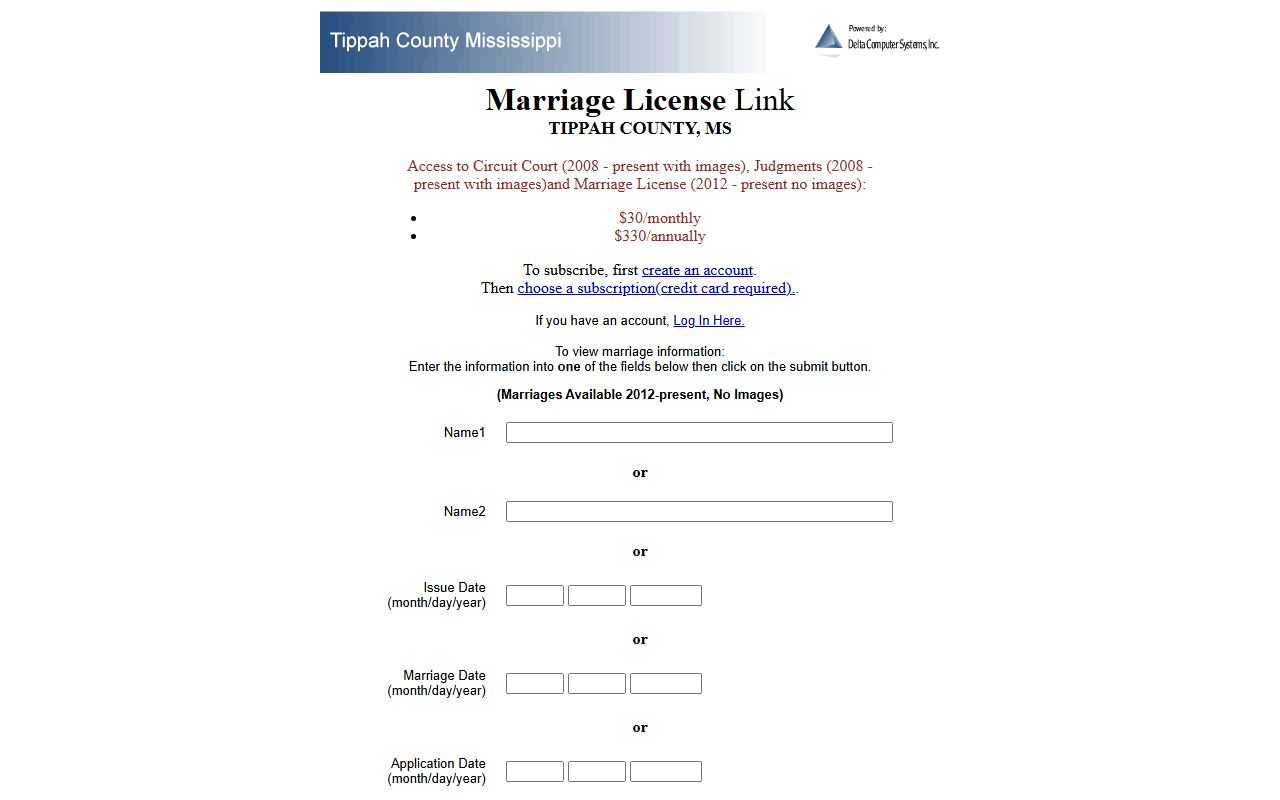 Tippah County marriage records online license search fields