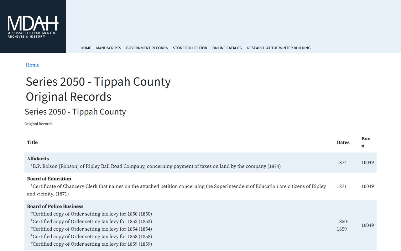 Tippah County probate and original court records MDAH finding aid