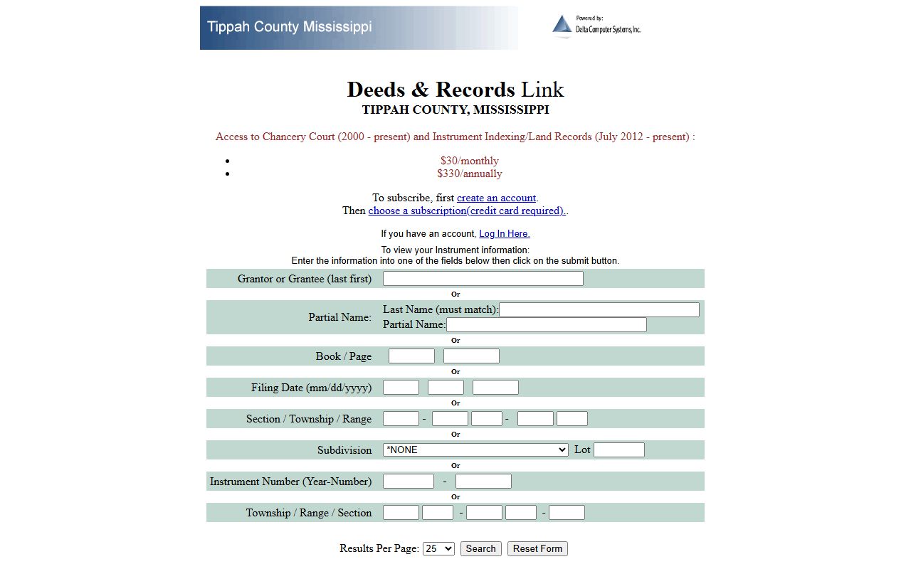 Tippah County probate and deeds land records search screen