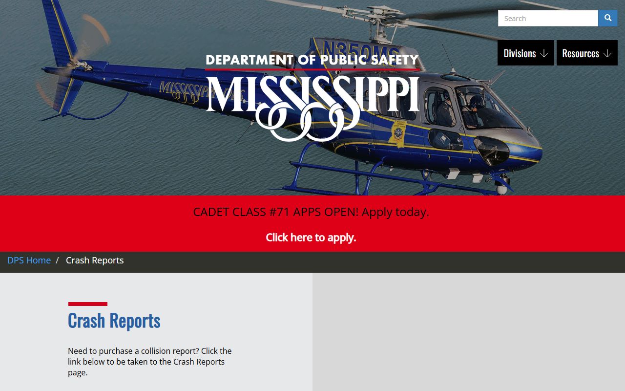 Tippah County traffic crash report request page from Mississippi DPS