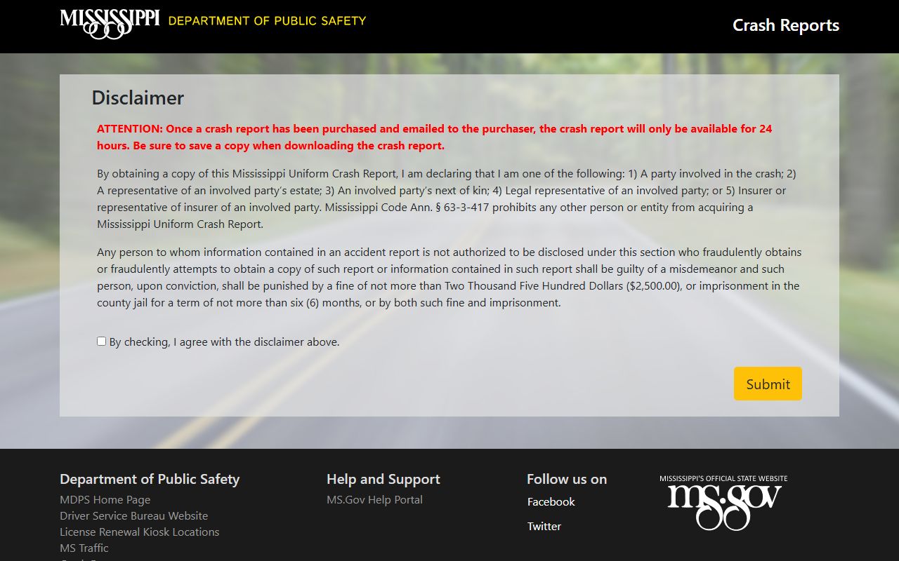 Tippah County drivers ordering a Mississippi traffic crash report online